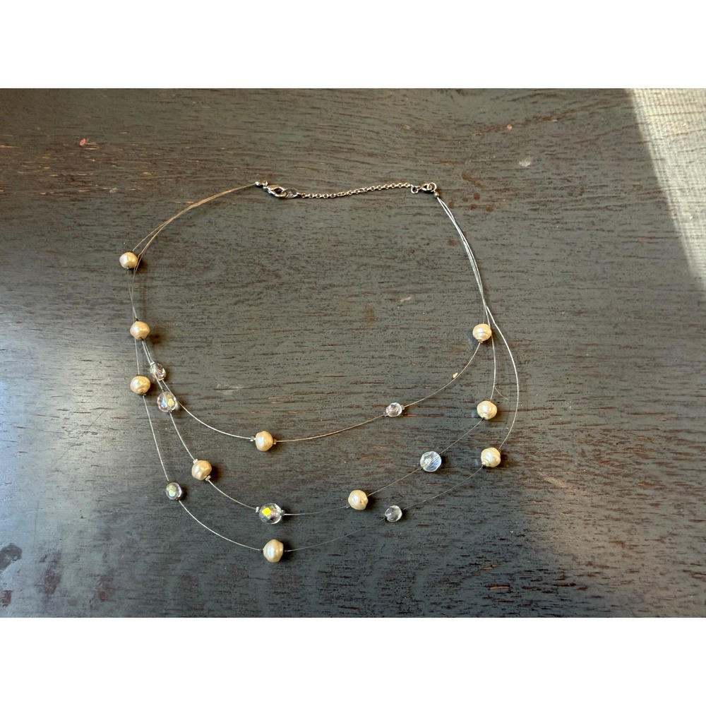 Floating Faux Pearl Crystal Multi Strand Illusion Necklace Cream Silver Tone